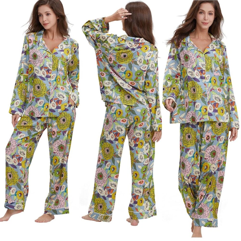 Silk Satin Pajamas Set Button Down 2 Piece Pjs Long Sleeve Oversized Sleepwear